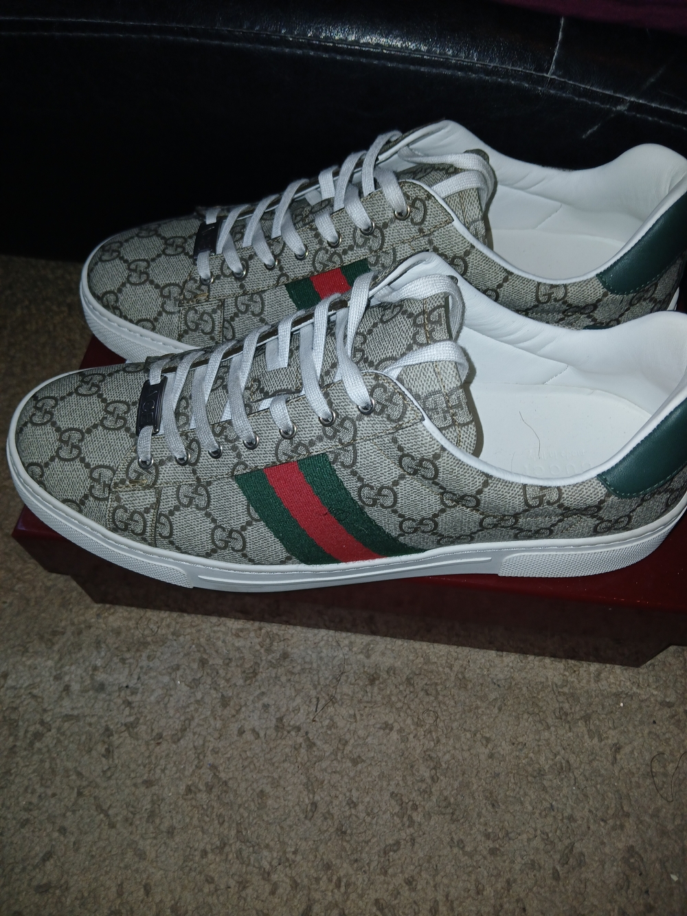 Gucci Beige GG Monogram Low-Top Sneakers with Green and Red Stripe